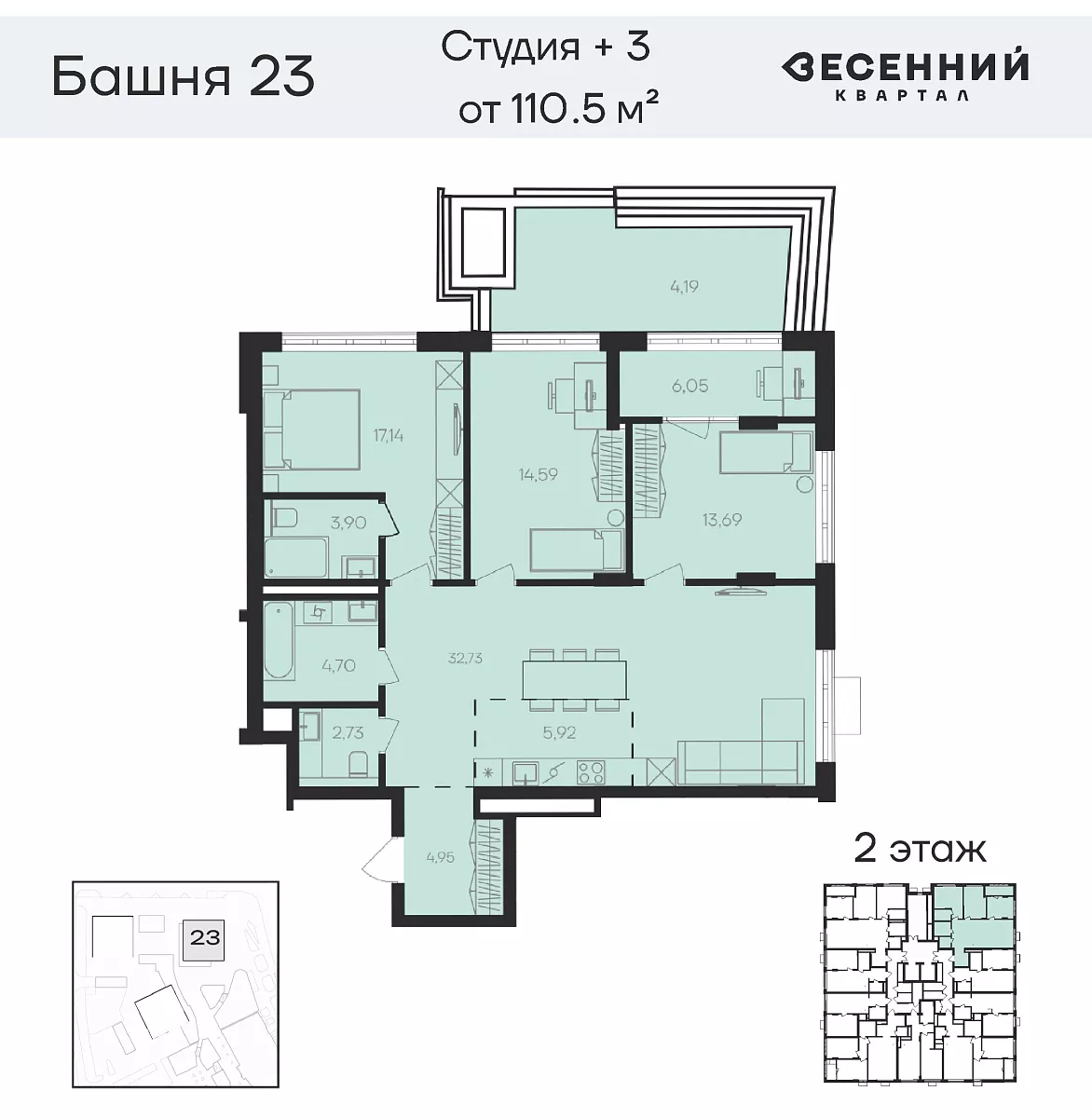 Квартира 4-комнатная 110.6 кв. м 2 этаж
