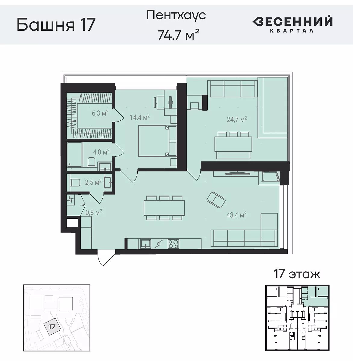 Квартира 2-комнатная 74.7 кв. м 17 этаж