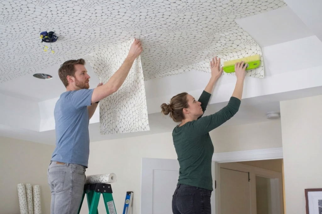Оклейка потолка в новостройке обоями