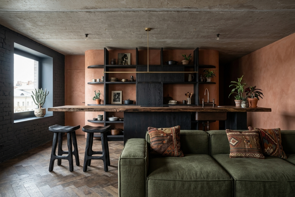 Бетонный потолок гармонично сочетается с популярным стилем “лофт”