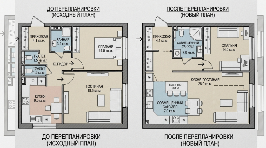 Перепланировка квартиры Пример переноса мокрой зоны