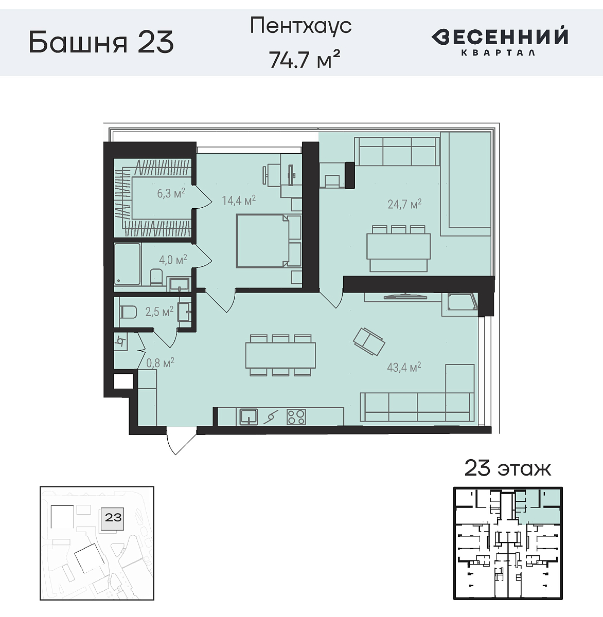 Квартира 2-комнатная 74.7 кв. м 23 этаж